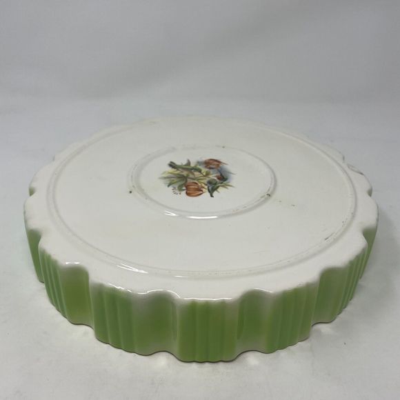 Vintage 1980 Ceramic Pie Plate Dish Green Scalloped Hummingbird Floral Design - Picture 4 of 11